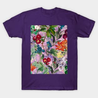 Trendy colorful flowers pattern, botanical illustration, leaves and flowers, purple floral T-Shirt
